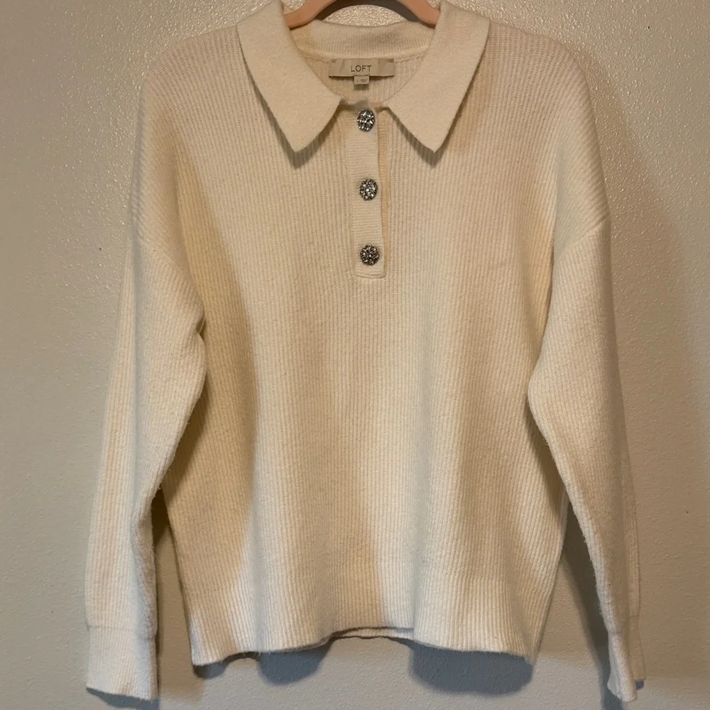 LOFT Cream Collared Knit Pullover with Decorative Buttons - Picture 4 of 8